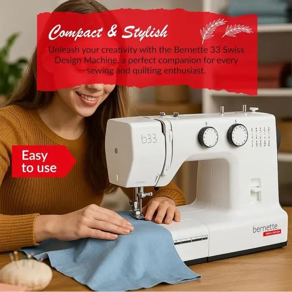 Bernette B33 Swiss Design Sewing Machine | Mechanical, Heavy-Duty, Portable, 15 Built-In Stitches, 5mm Stitch Width, Front-Loading Bobbin, Semi-Automatic Threader, Cutter,10 Bobbins