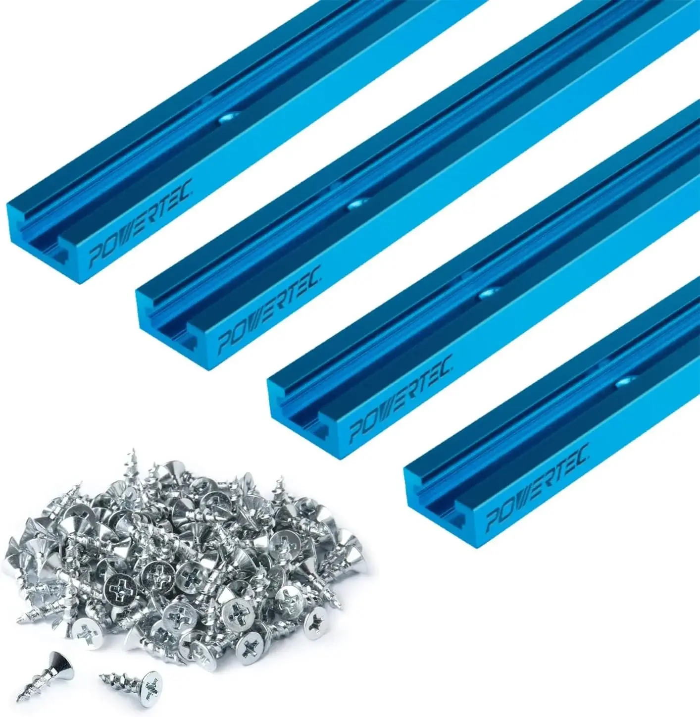 POWERTEC 36 Inch x4 Universal T track with 100 Pcs, 6 X 1/2" Wood Screws, Double-Cut Profile T track with Predrilled Mounting Holes for Woodworking Jigs and Fixtures, Router Table, Workbench, 71951