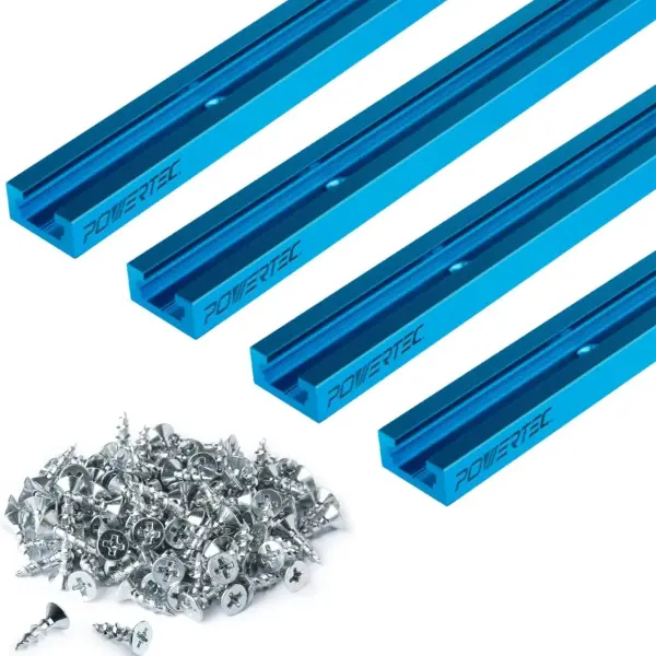 POWERTEC 36 Inch x4 Universal T track with 100 Pcs, 6 X 1/2" Wood Screws, Double-Cut Profile T track with Predrilled Mounting Holes for Woodworking Jigs and Fixtures, Router Table, Workbench, 71951