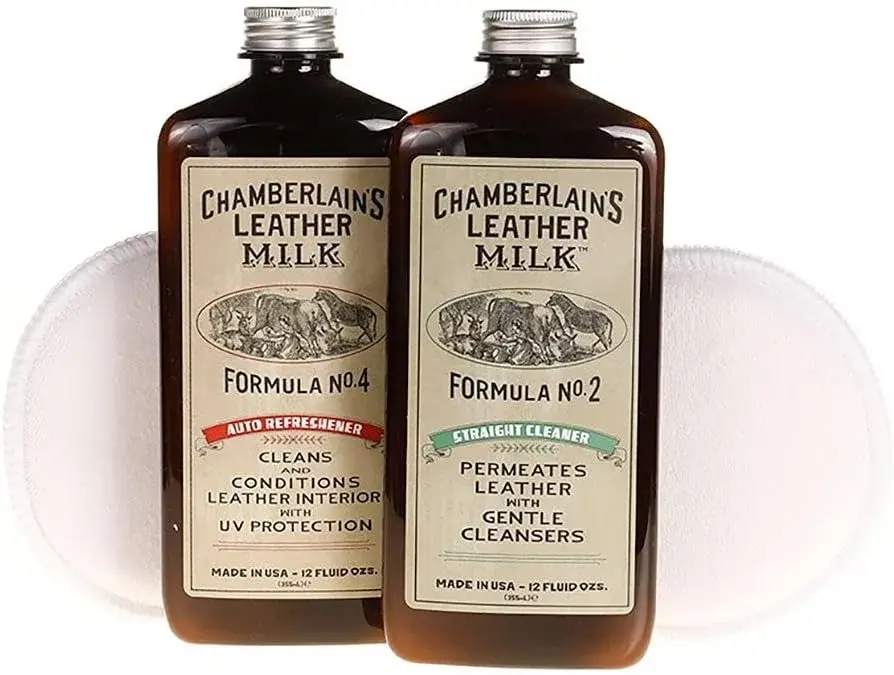 Leather Milk Auto Leather Cleaner & Conditioner Kit (2 Formula Car Detailing Set) - Straight Cleaner No. 2 + Auto Refreshener No. 4 - All Natural, Non-Toxic. Made in USA. Includes 2 Detailing Pads!