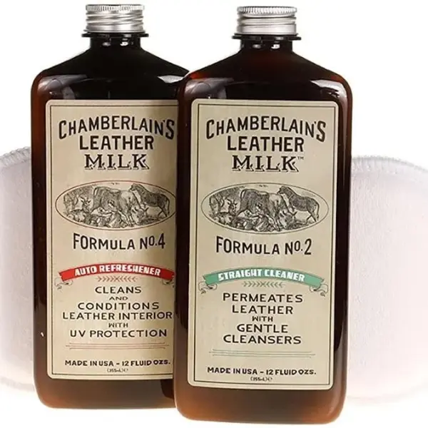 Leather Milk Auto Leather Cleaner & Conditioner Kit (2 Formula Car Detailing Set) - Straight Cleaner No. 2 + Auto Refreshener No. 4 - All Natural, Non-Toxic. Made in USA. Includes 2 Detailing Pads!