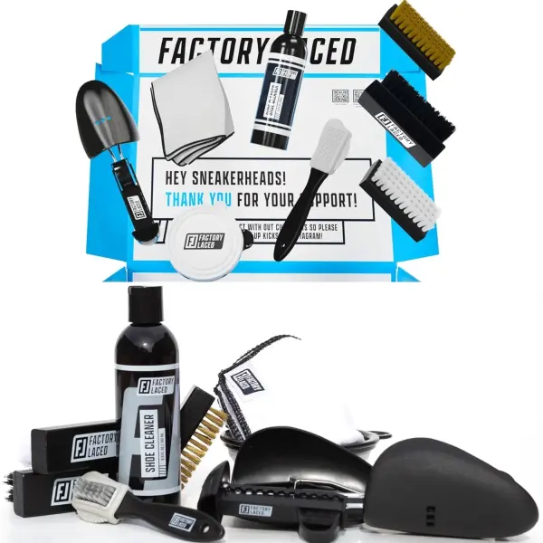FACTORY LACED Shoe Cleaning Kit – Complete Sneaker Cleaner with 4 Brushes, 8oz Solution, Shoe Trees & Microfiber Towel – Works on Leather, Suede, Canvas & Mesh