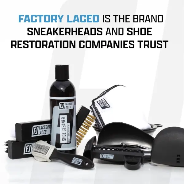 FACTORY LACED Shoe Cleaning Kit – Complete Sneaker Cleaner with 4 Brushes, 8oz Solution, Shoe Trees & Microfiber Towel – Works on Leather, Suede, Canvas & Mesh