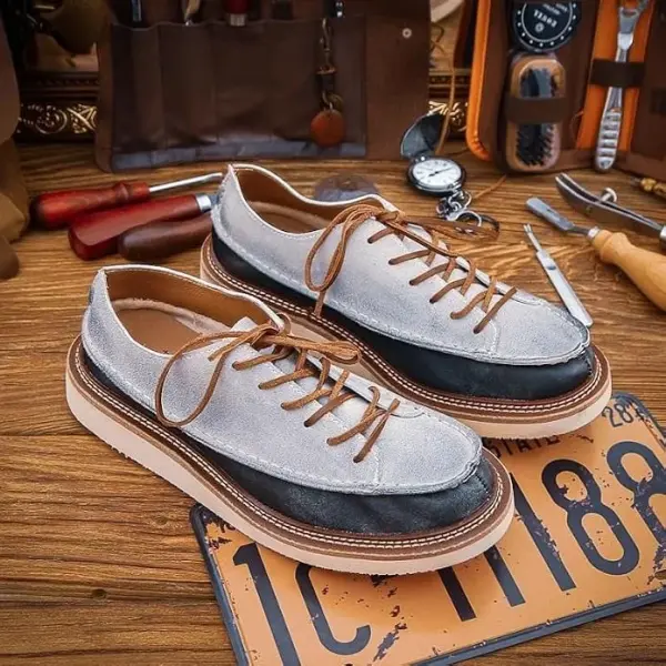 Men's Casual Stitching Design Anti-Suede Brushed Leather Shoes Soft Sole Breathable Loose Flat Suitable for Daily Wear Commuting